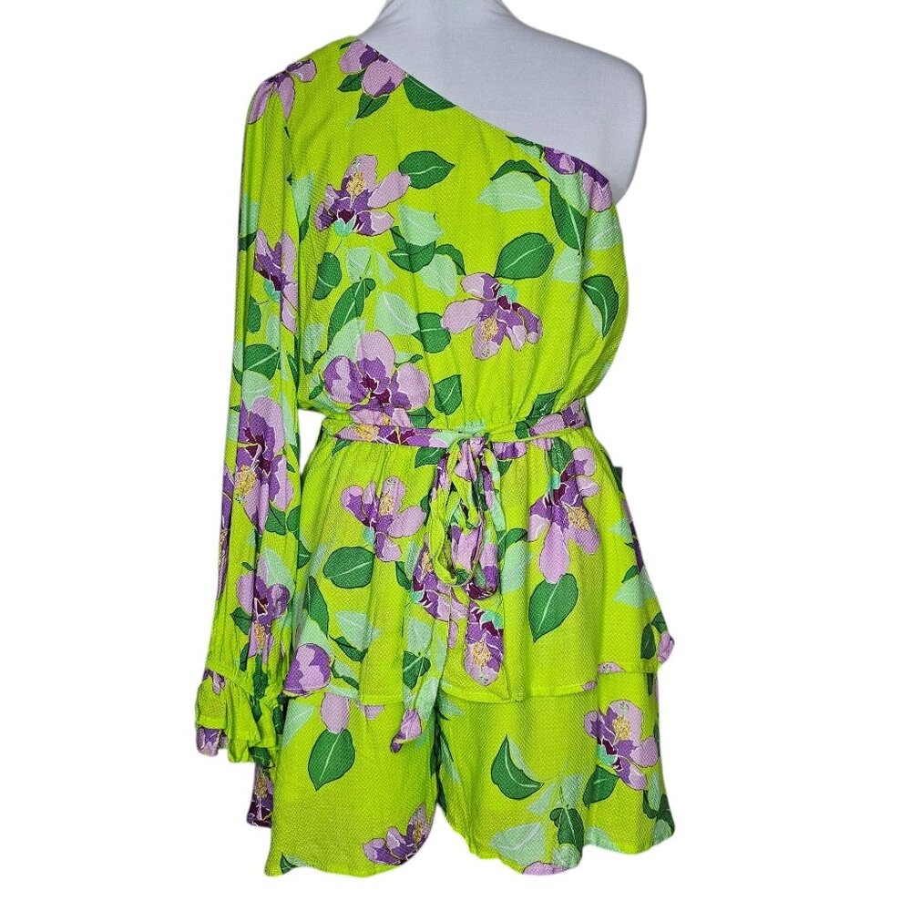 BTFL Life L Romper Green Bright Floral One Sleeve Ruffle Resort Vacation Summer
